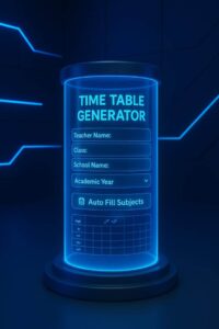 A 3D digital image showing a futuristic Time Table Generator interface inside a glowing cylindrical tube, featuring input fields, dropdowns, and a timetable grid surrounded by neon-blue highlights in a high-tech classroom setup.