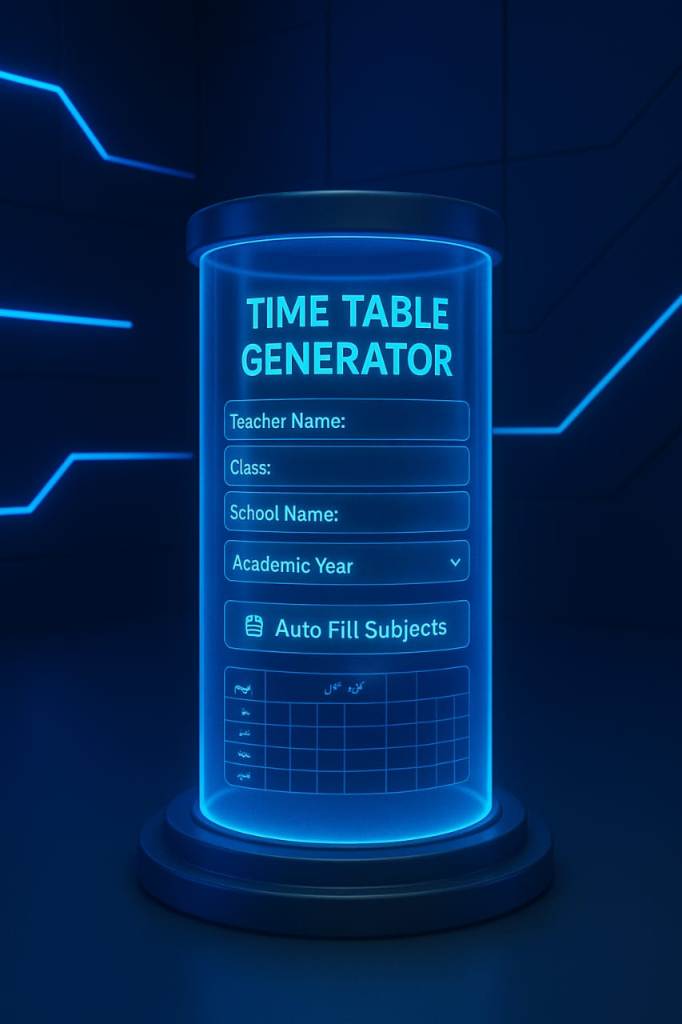 A 3D digital image showing a futuristic Time Table Generator interface inside a glowing cylindrical tube, featuring input fields, dropdowns, and a timetable grid surrounded by neon-blue highlights in a high-tech classroom setup.