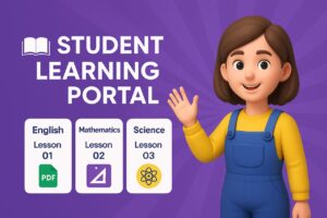 *3D digital illustration of a modern student learning portal interface with futuristic design, books, devices, and a friendly virtual assistant.