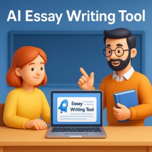 3D illustration of a teacher and student using a laptop for AI-powered essay writing in a classroom setting