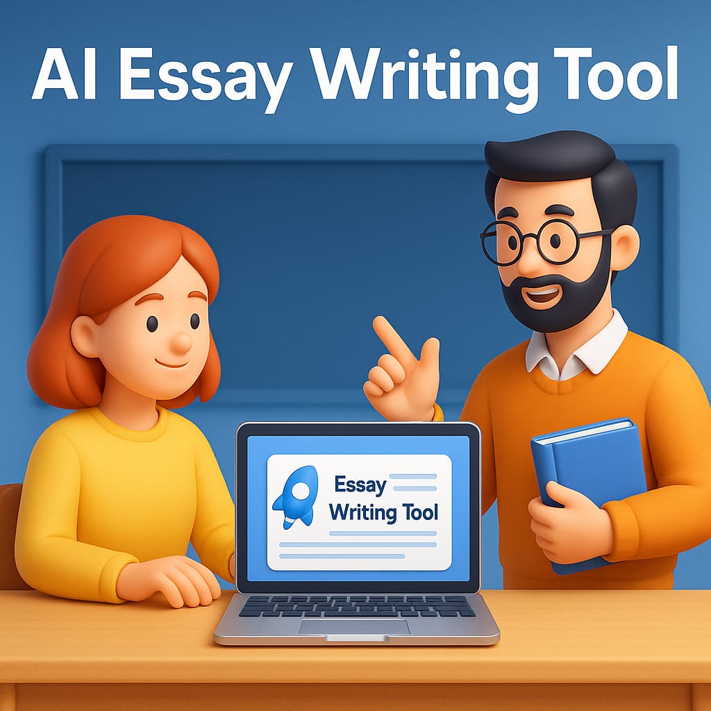 3D illustration of a teacher and student using a laptop for AI-powered essay writing in a classroom setting