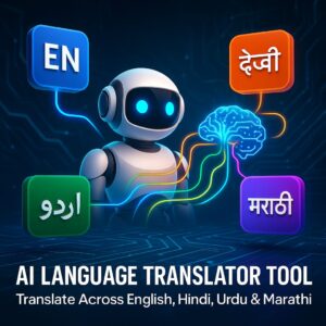 "3D futuristic illustration showcasing an AI Language Translator Tool with Urdu, Hindi, Marathi, and English language support"