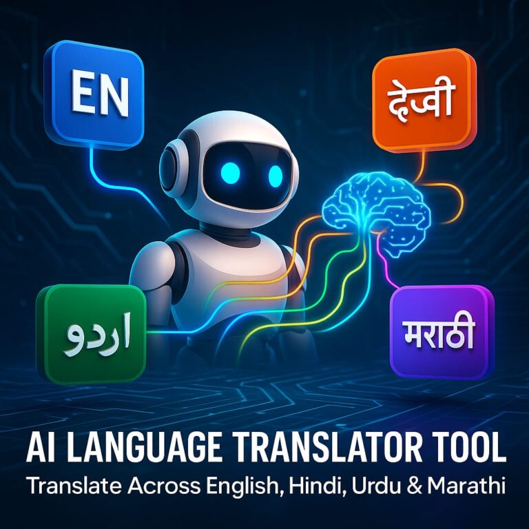 "3D futuristic illustration showcasing an AI Language Translator Tool with Urdu, Hindi, Marathi, and English language support"