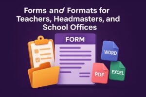 3D illustration of forms and document icons representing downloadable PDF, Word, and Excel templates for teachers, headmasters, and school offices