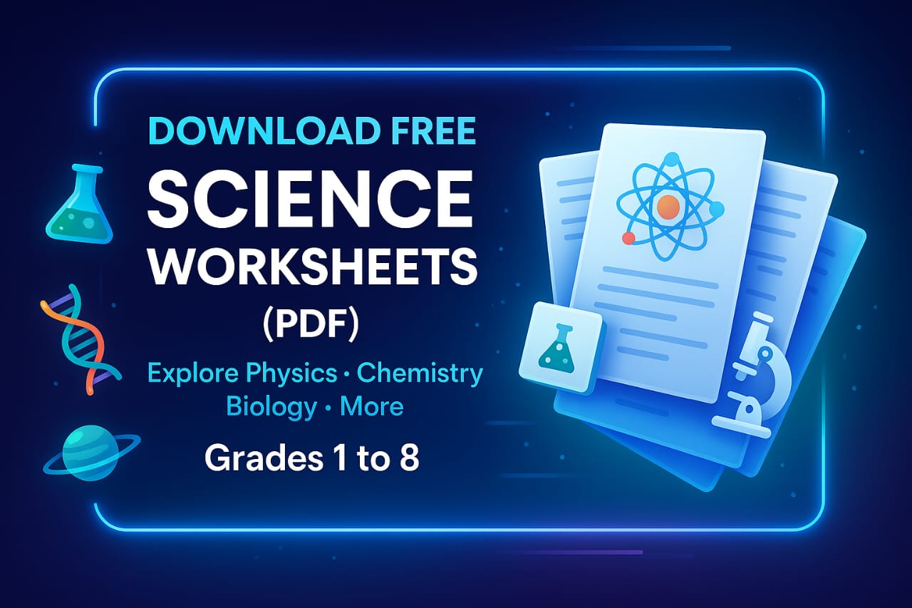 Futuristic digital banner with free downloadable science worksheets in PDF format for Grades 1 to 8, showing lab tools and science icons