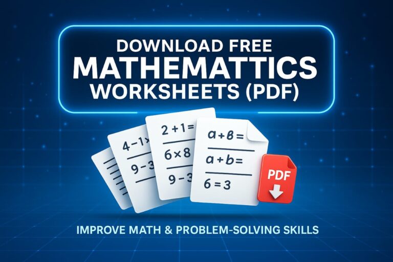 Colorful 3D digital banner promoting free downloadable mathematics worksheets in PDF format for students from Grade 1 to Grade 8