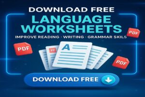 3D illustrated banner showing free downloadable language worksheets in PDF format for students of Grades 1 to 8