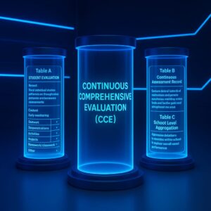 A 3D-rendered digital image showing three glowing holographic tubes representing key elements of Continuous Comprehensive Evaluation—student performance tracking, assessment records, and CCE methodology—set in a futuristic, neon-lit environment.