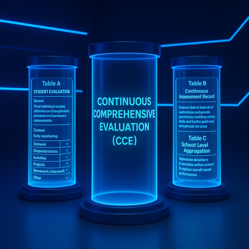 A 3D-rendered digital image showing three glowing holographic tubes representing key elements of Continuous Comprehensive Evaluation—student performance tracking, assessment records, and CCE methodology—set in a futuristic, neon-lit environment.