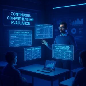 A 3D-rendered digital image displaying a futuristic classroom interface for generating weekly timetables, featuring glowing neon elements, interactive fields, and a high-tech holographic display in blue tones.