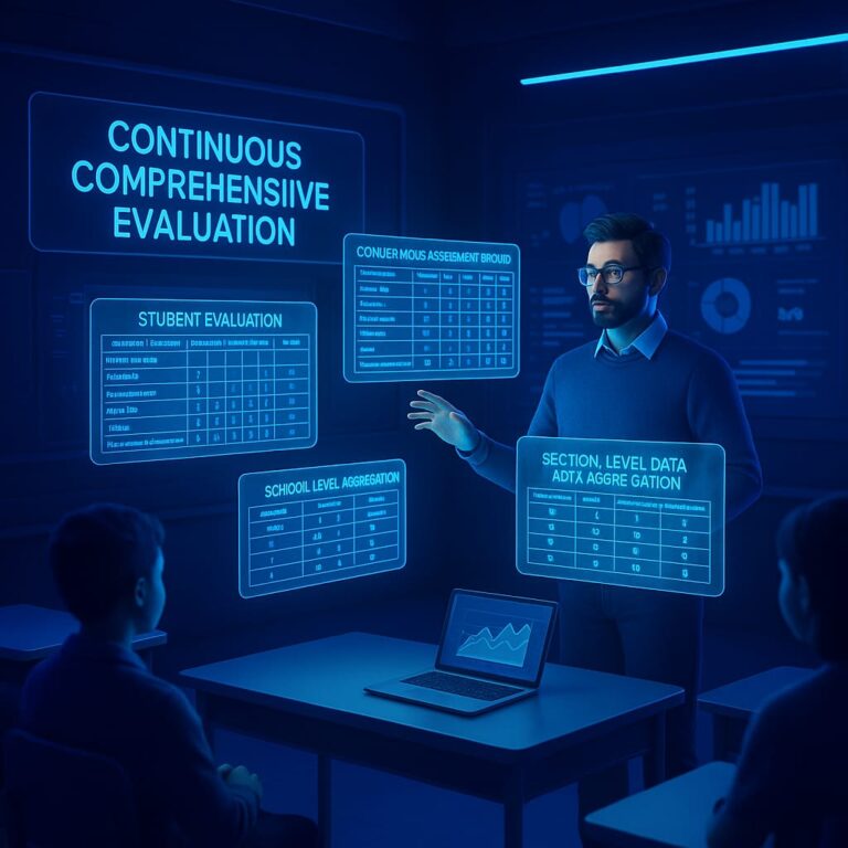 A 3D-rendered digital image displaying a futuristic classroom interface for generating weekly timetables, featuring glowing neon elements, interactive fields, and a high-tech holographic display in blue tones.