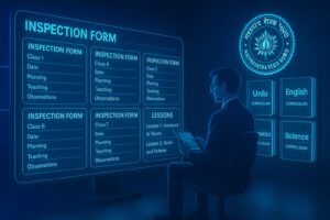 A 3D-rendered digital image showing a sleek, futuristic interface titled "Class-Wise Assessment List" with neon purple highlights, interactive buttons for class selection, and a download option on a dark, tech-inspired background.