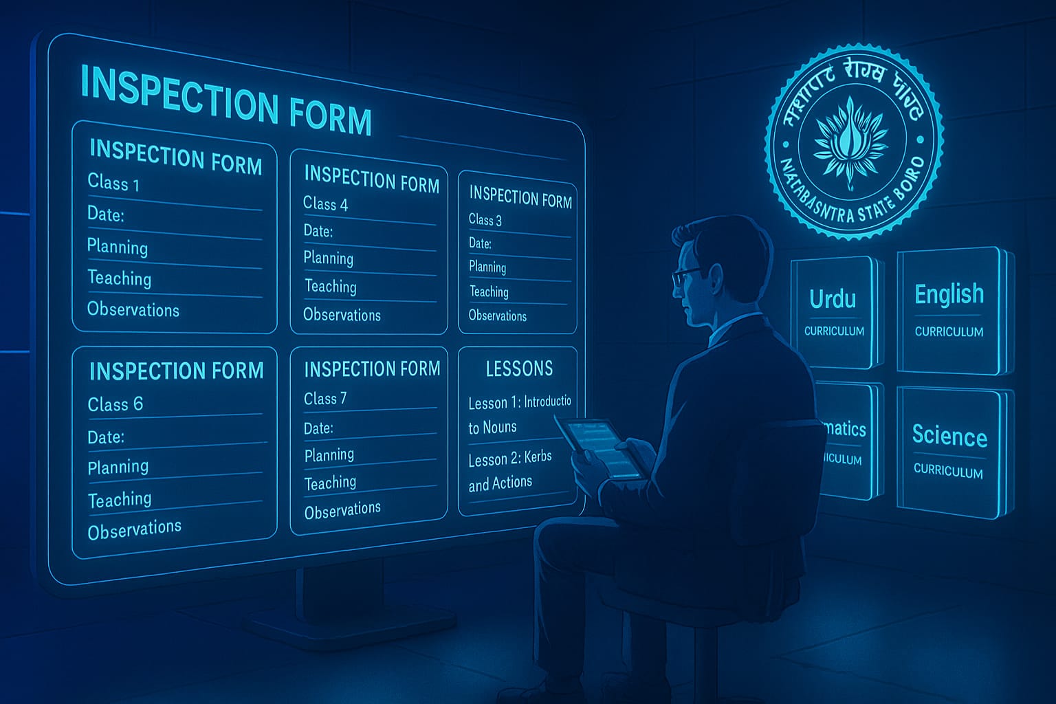 A 3D-rendered digital image showing a sleek, futuristic interface titled "Class-Wise Assessment List" with neon purple highlights, interactive buttons for class selection, and a download option on a dark, tech-inspired background.