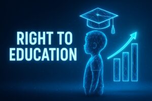 3D digital illustration of a child under a floating graduation cap with glowing bar chart and Right to Education text on a dark futuristic background