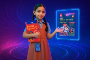 A confident Indian school girl in brown uniform pointing to a digital screen showcasing the ICSE Social Studies Class 4 book, with a futuristic holographic background.