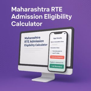 Futuristic 3D poster for Maharashtra RTE Admission Eligibility Calculator showing digital form, school icons, and purple tech background
