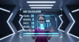 > A 3D digital girl calculating her age on a futuristic screen using an age calculator app, with data showing years, months, days, hours, and minutes.