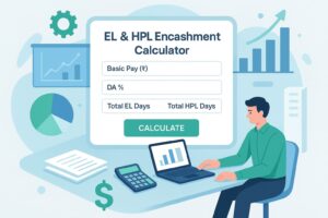 3D isometric illustration of an employee analyzing salary and leave encashment with laptop, charts, and calculator in a futuristic office environment.