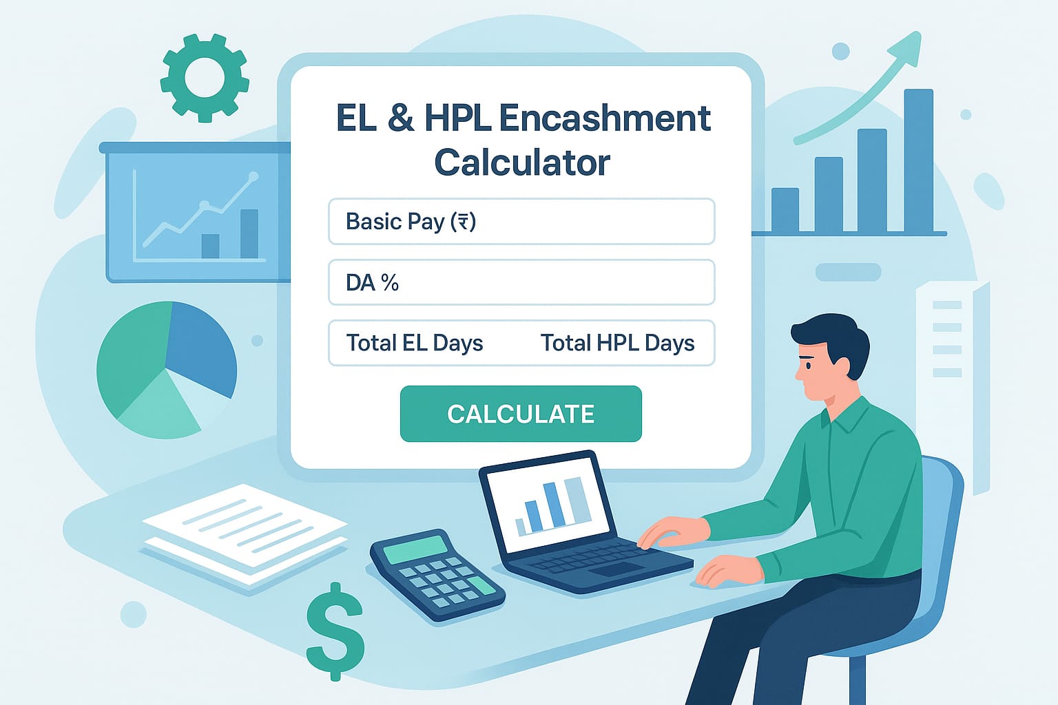 3D isometric illustration of an employee analyzing salary and leave encashment with laptop, charts, and calculator in a futuristic office environment.